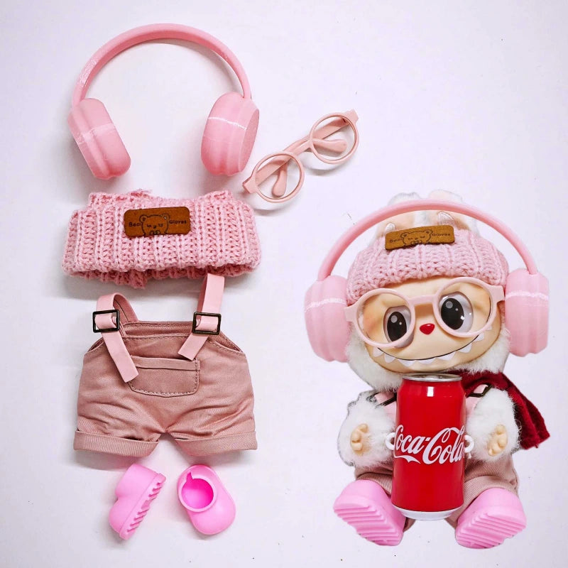 Labubu Clothes Coca-Cola Series Pink Overalls Hat Headphone Set