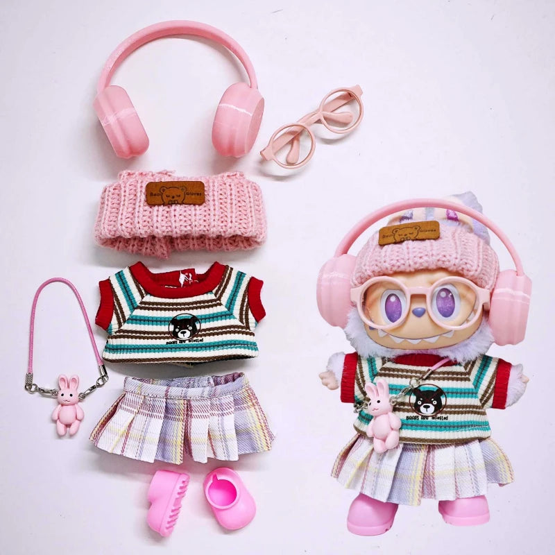 Labubu Clothes Coca-Cola Series Pink Overalls Hat Headphone Set